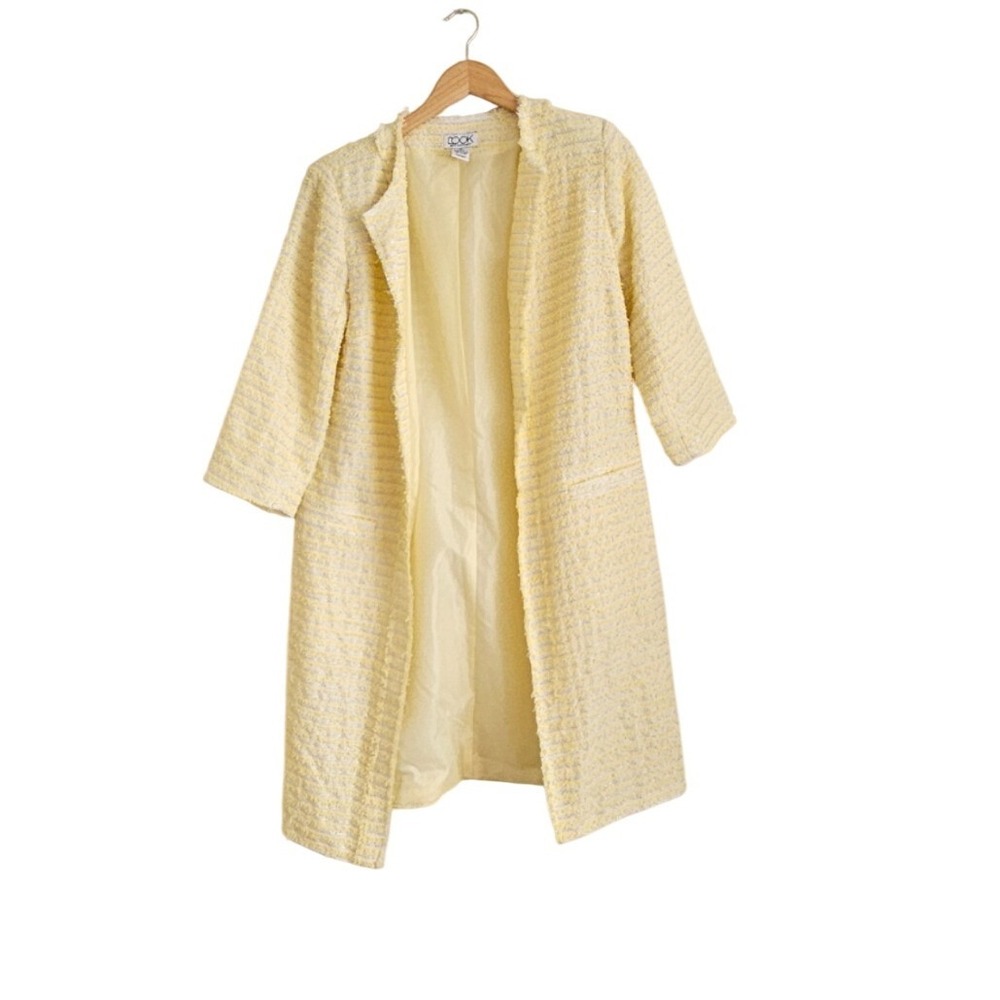 The Look Yellow Tweed Longline Open Front Jacket Fringe Metallic Thread Size M